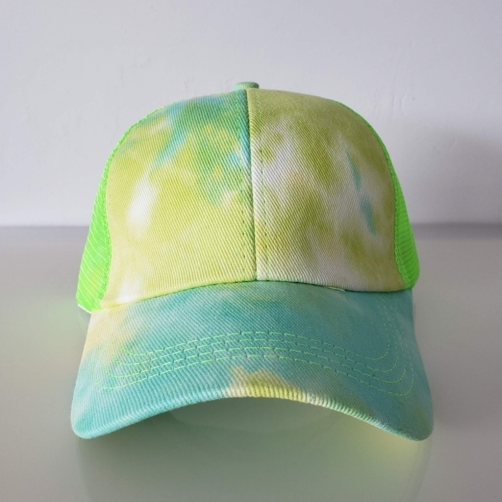 Tie Dye Ponytail Baseball Hat NWOT Mint, Aqua, Lemon Mesh Back Trucker Cap